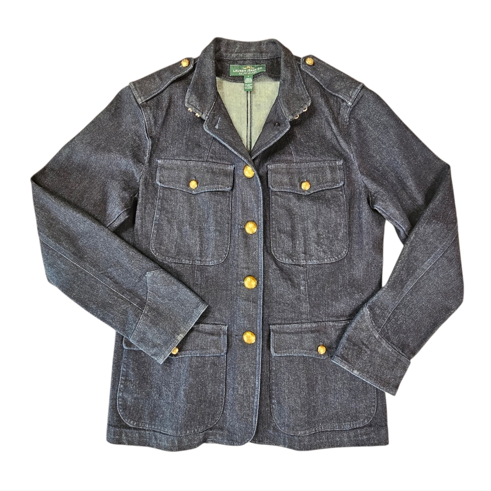 Vintage Lauren Ralph Lauren Dark Denim Fitted Jacket with Gold Accents